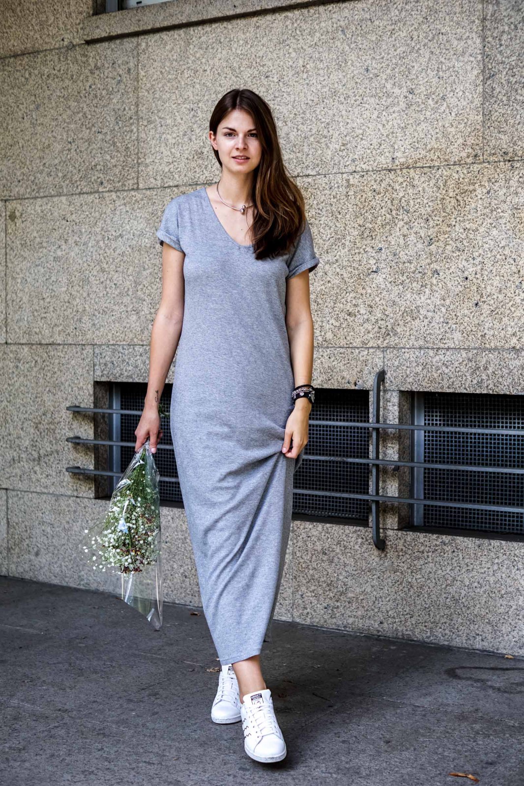 maxi dress with white sneakers