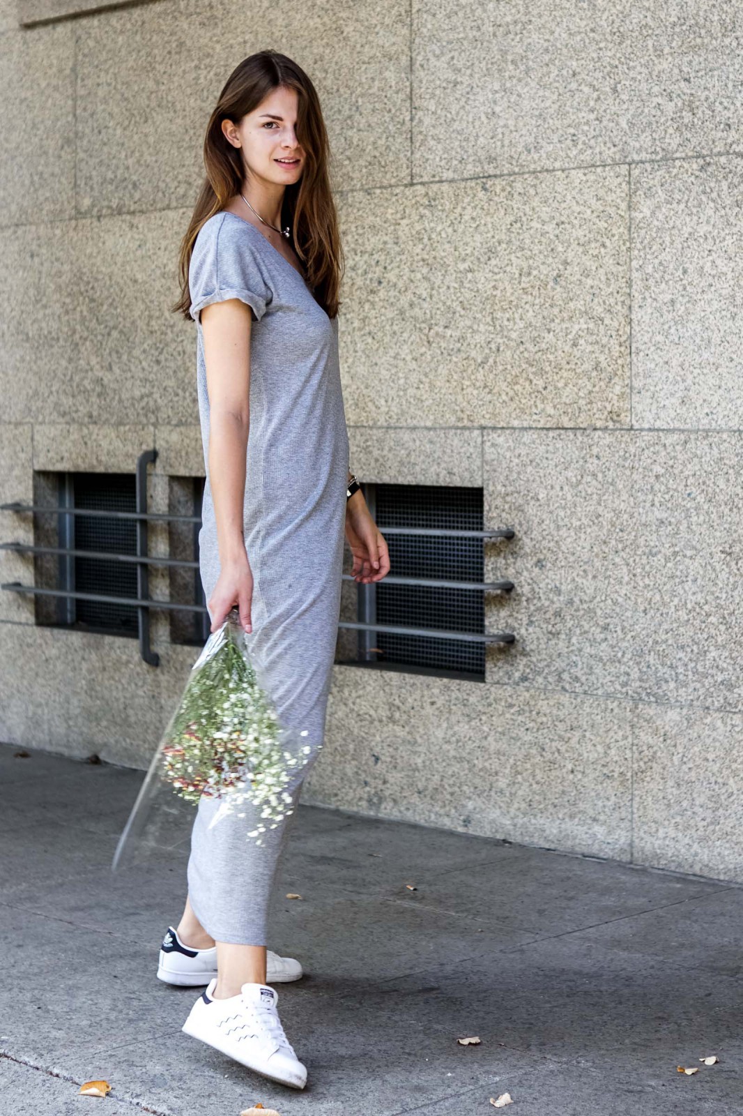 Grey Maxi Dress and White Sneakers