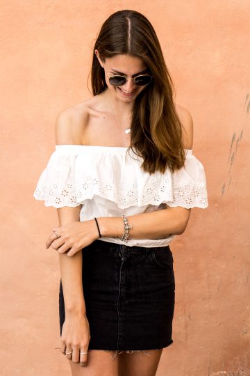 Black Mini Skirt and White Off Shoulder Shirt || Outfit Morocco