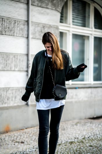 Green Bomber Jacket, Black Jeans and other layers