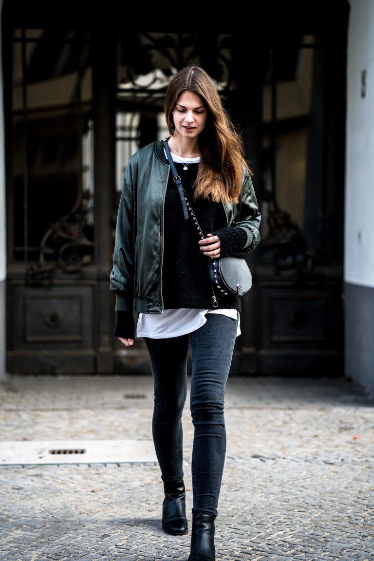 Green Bomber Jacket, Black Jeans and other layers