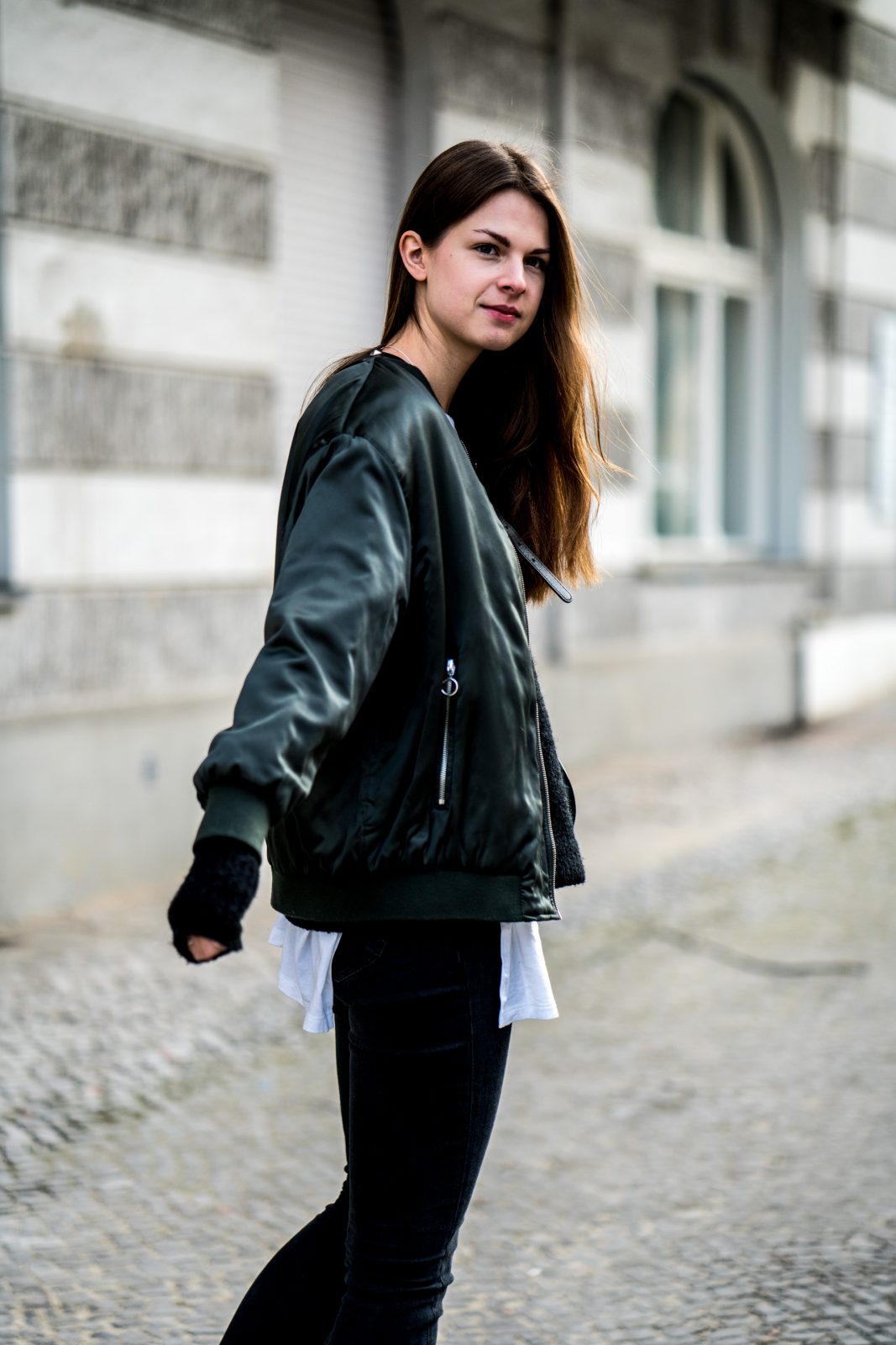 Green Bomber Jacket, Black Jeans and other layers