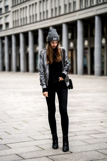 Silver Velvet Bomber Jacket and an all black outfit