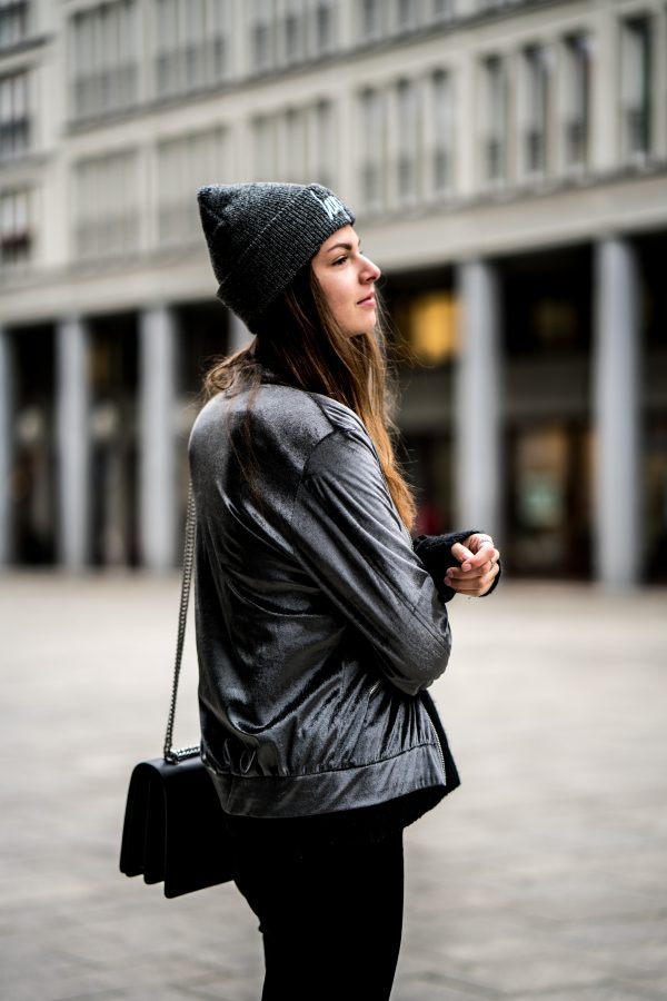 Silver Velvet Bomber Jacket and an all black outfit || Casual Outfit