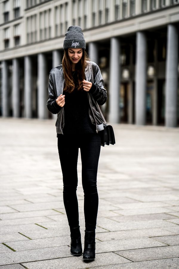 Silver Velvet Bomber Jacket and an all black outfit || Casual Outfit