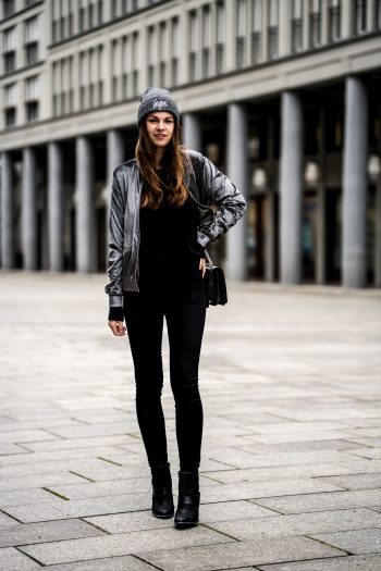 Silver Velvet Bomber Jacket and an all black outfit || Casual Outfit