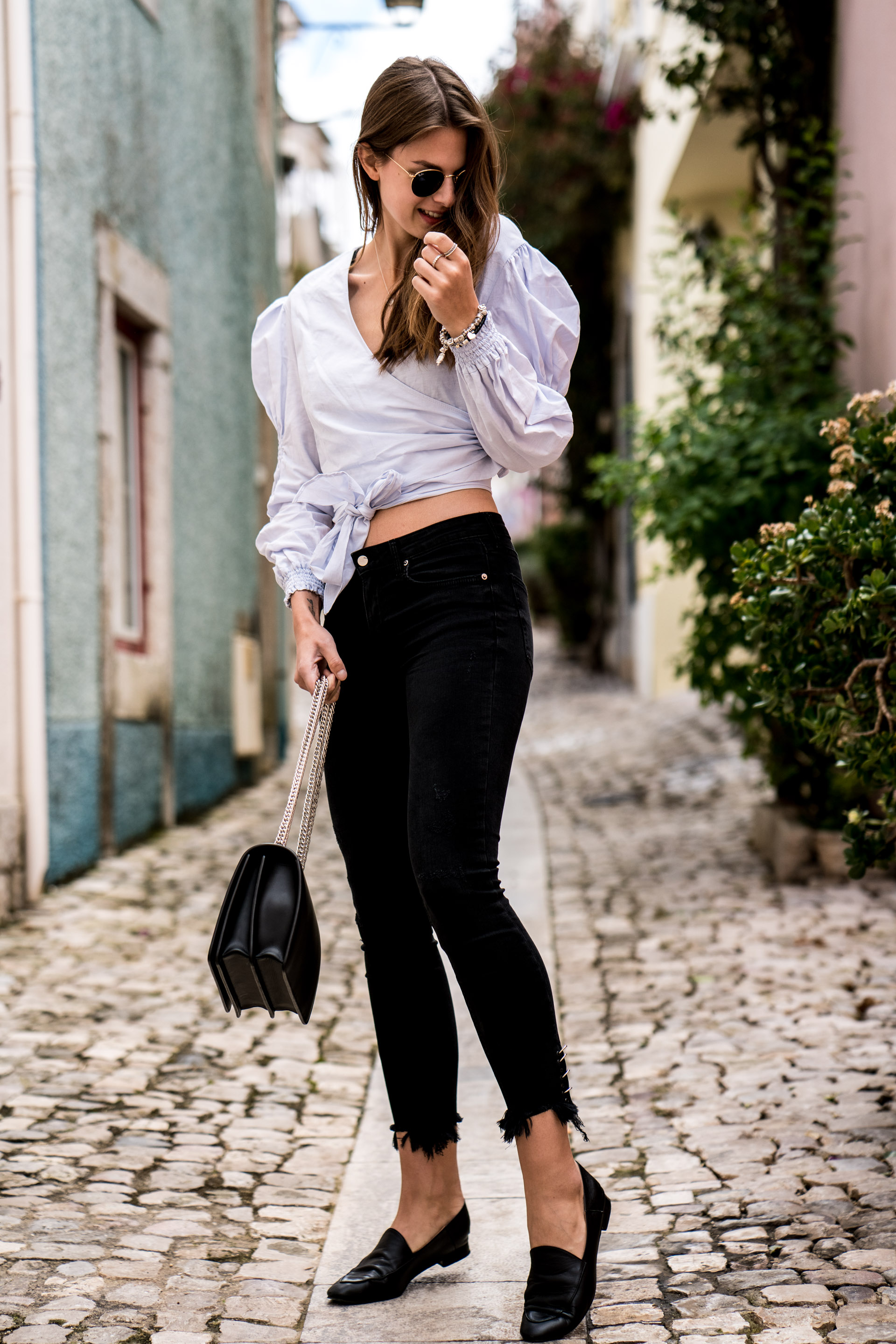 Streets of Cascais || Shirt with wrap detail at front and black jeans