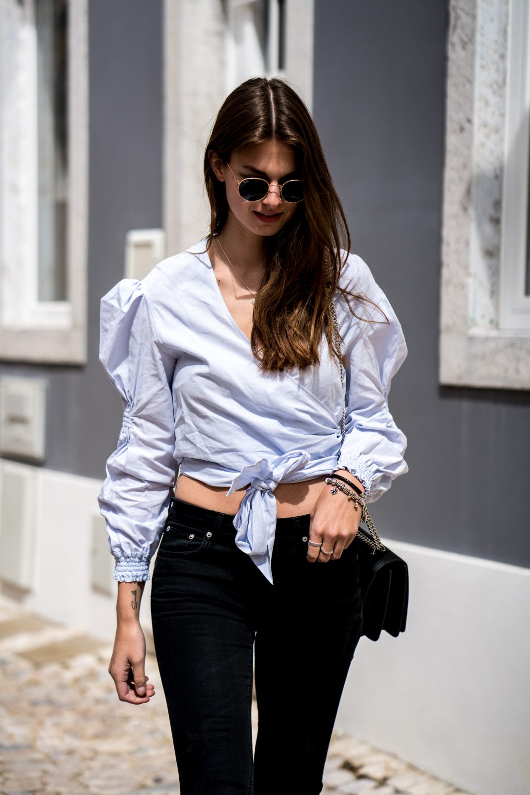 Streets of Cascais || Shirt with wrap detail at front and black jeans