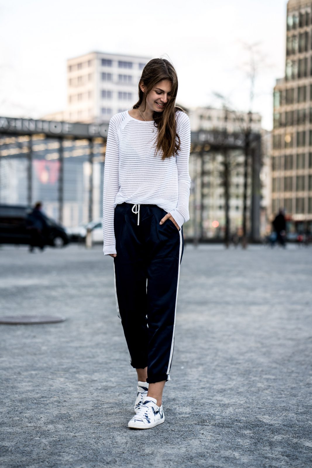 White Sweater, Blue Pants and White Sneakers || White and Blue Outfit