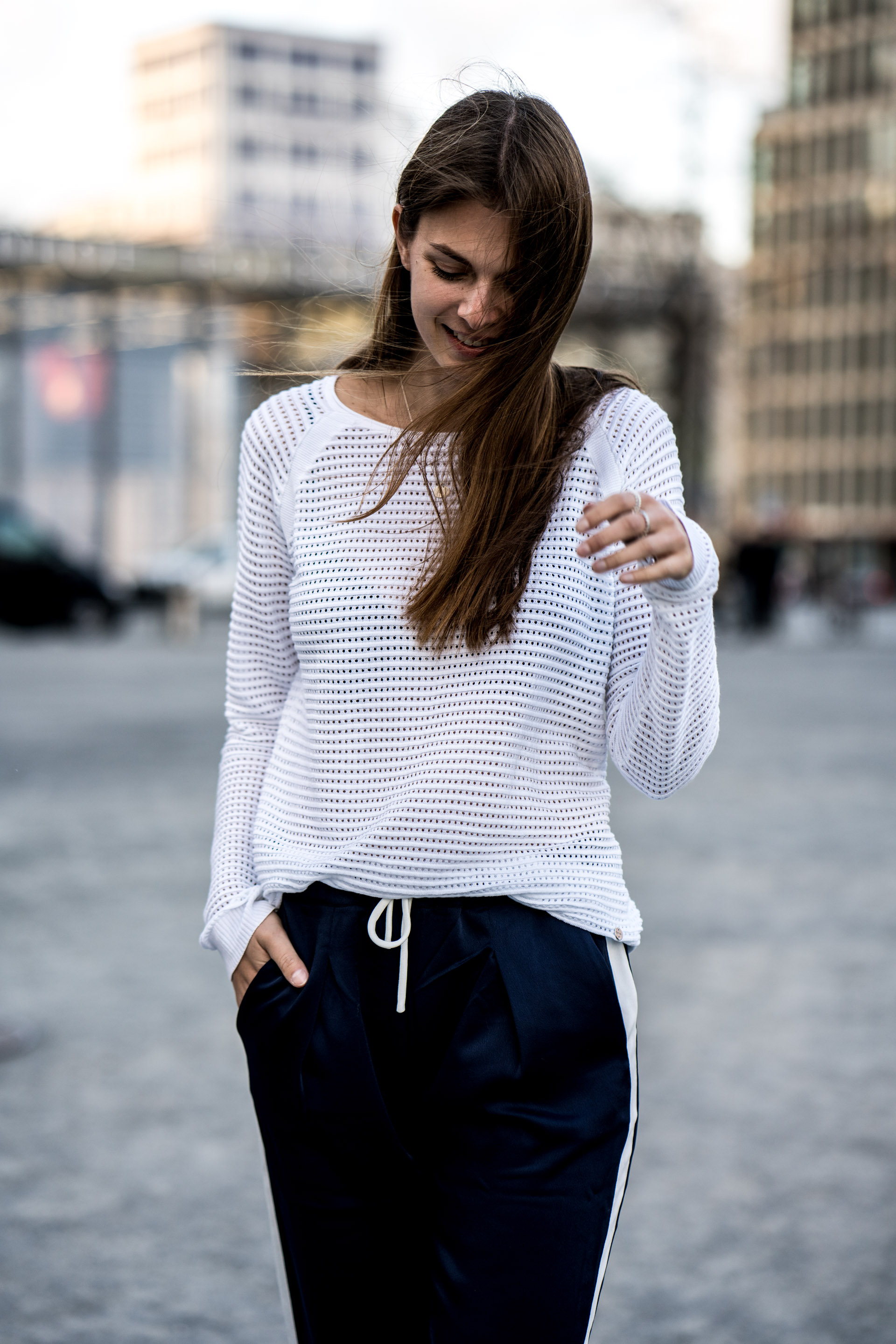 White Sweater, Blue Pants and White Sneakers || White and Blue Outfit