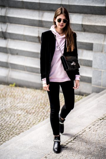 Analist Alice steen Pinker Hoodie und schwarzer Blazer || Casual Chic Outfit