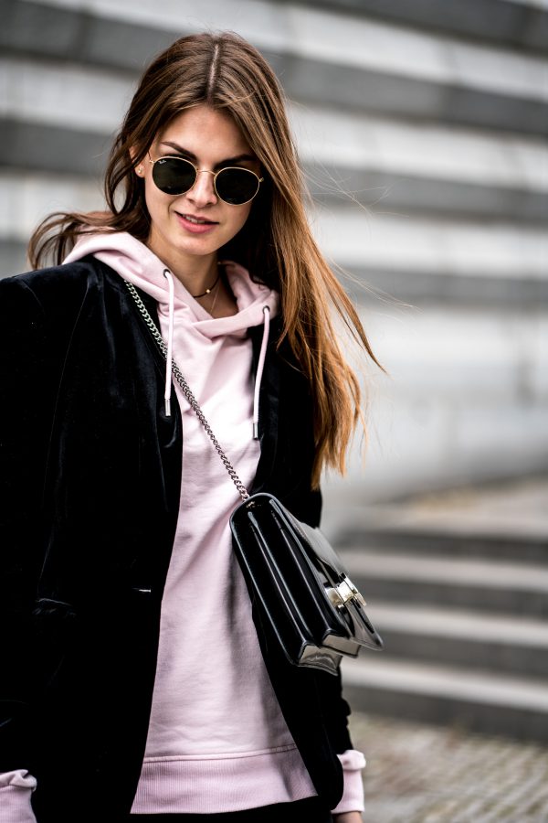 Pink Hoodie and Black Blazer || Casual Chic Spring Outfit