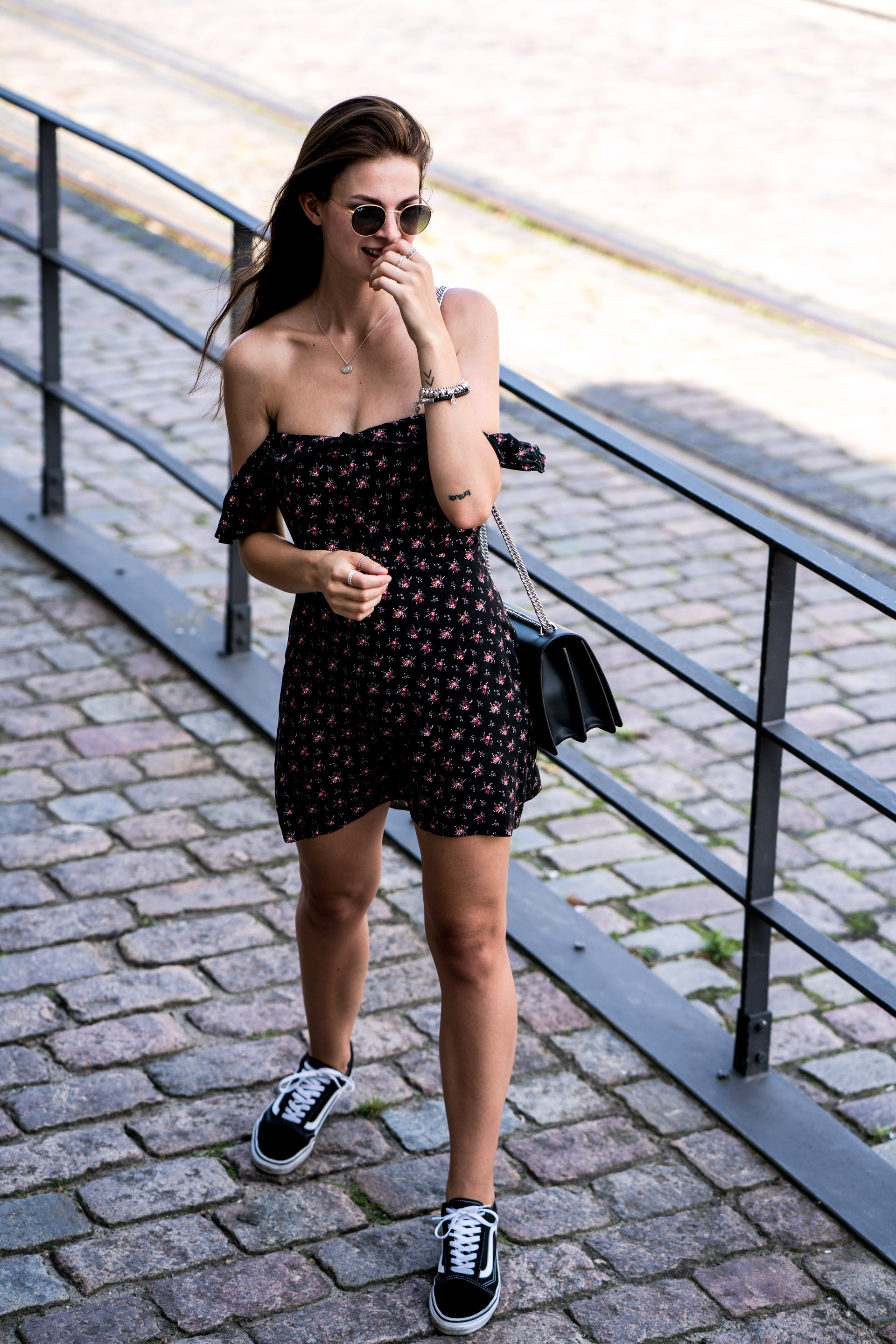 Floral Summer Dress combined with Black Sneakers