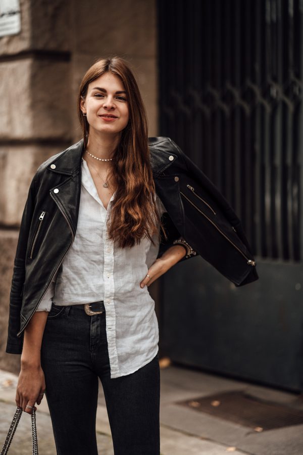 Woman's Outfit Idea: Leather Jacket and White Shirt