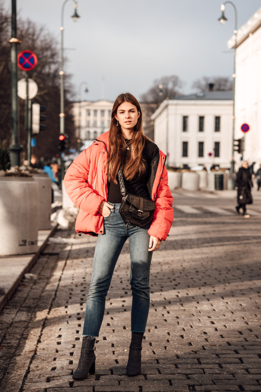 Oslo Runway Outfit: A casual chic way to wear a red puffer jacket