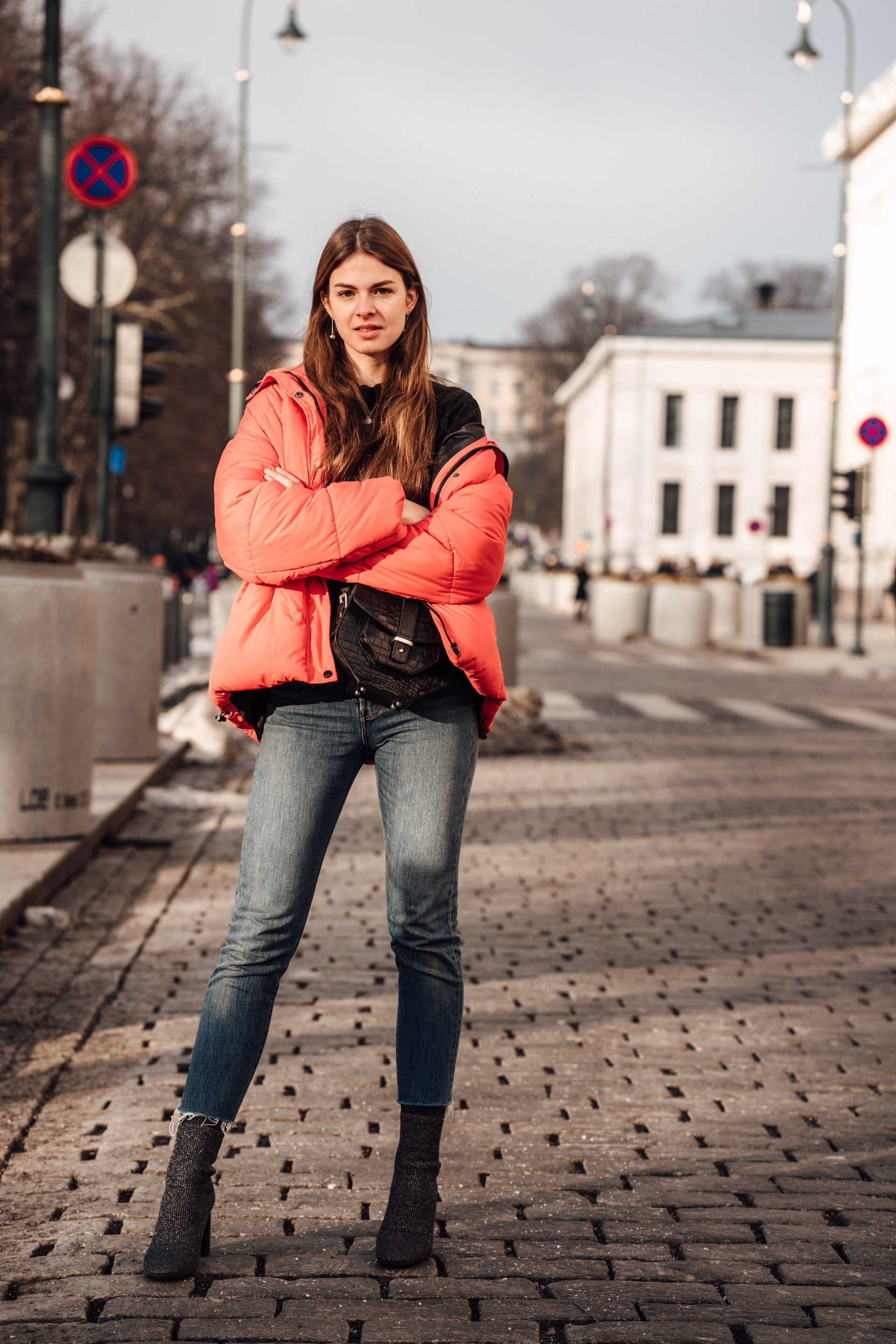 Oslo Runway Outfit: A casual chic way to wear a red puffer jacket