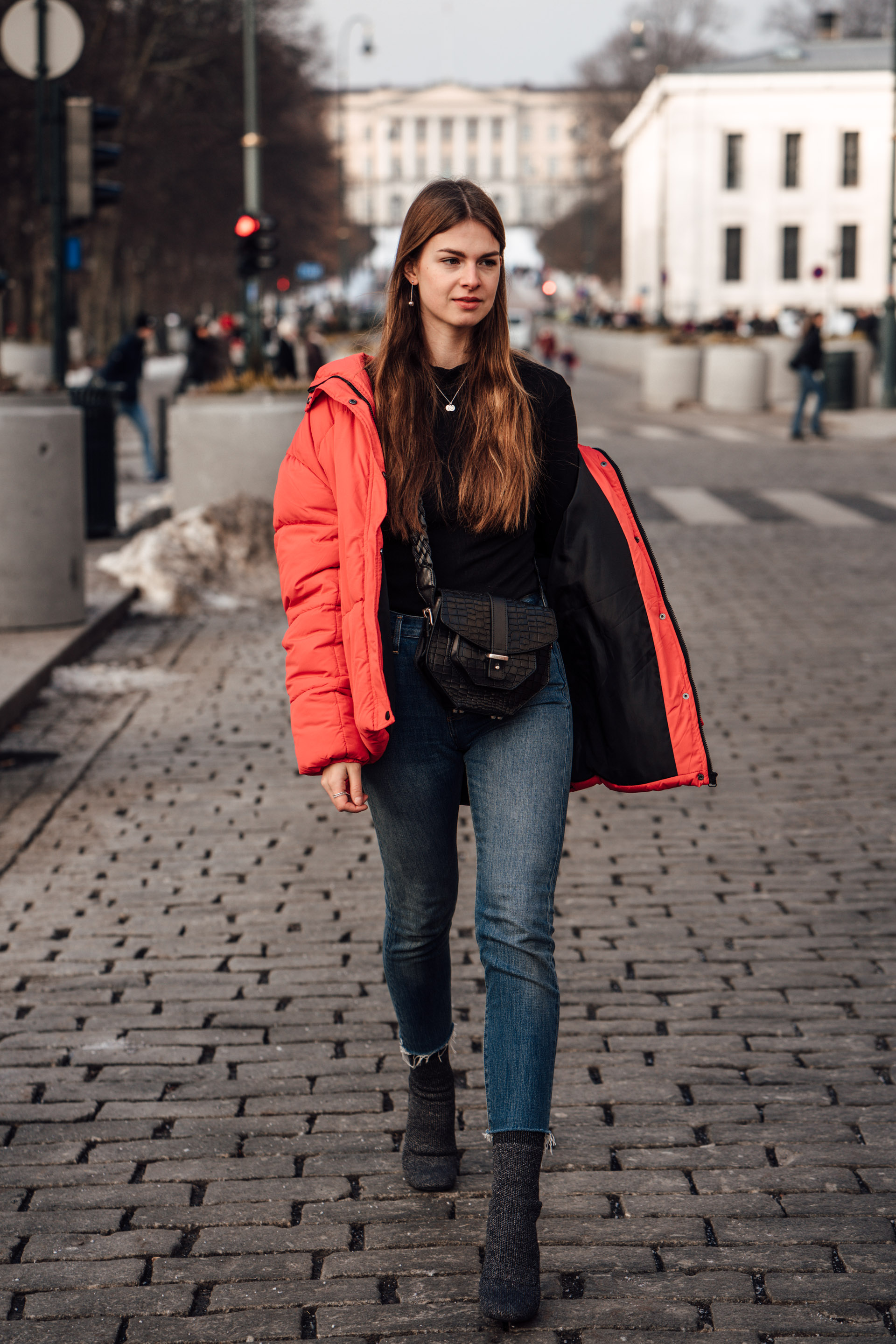 Oslo Runway Outfit: A casual chic way to wear a red puffer jacket