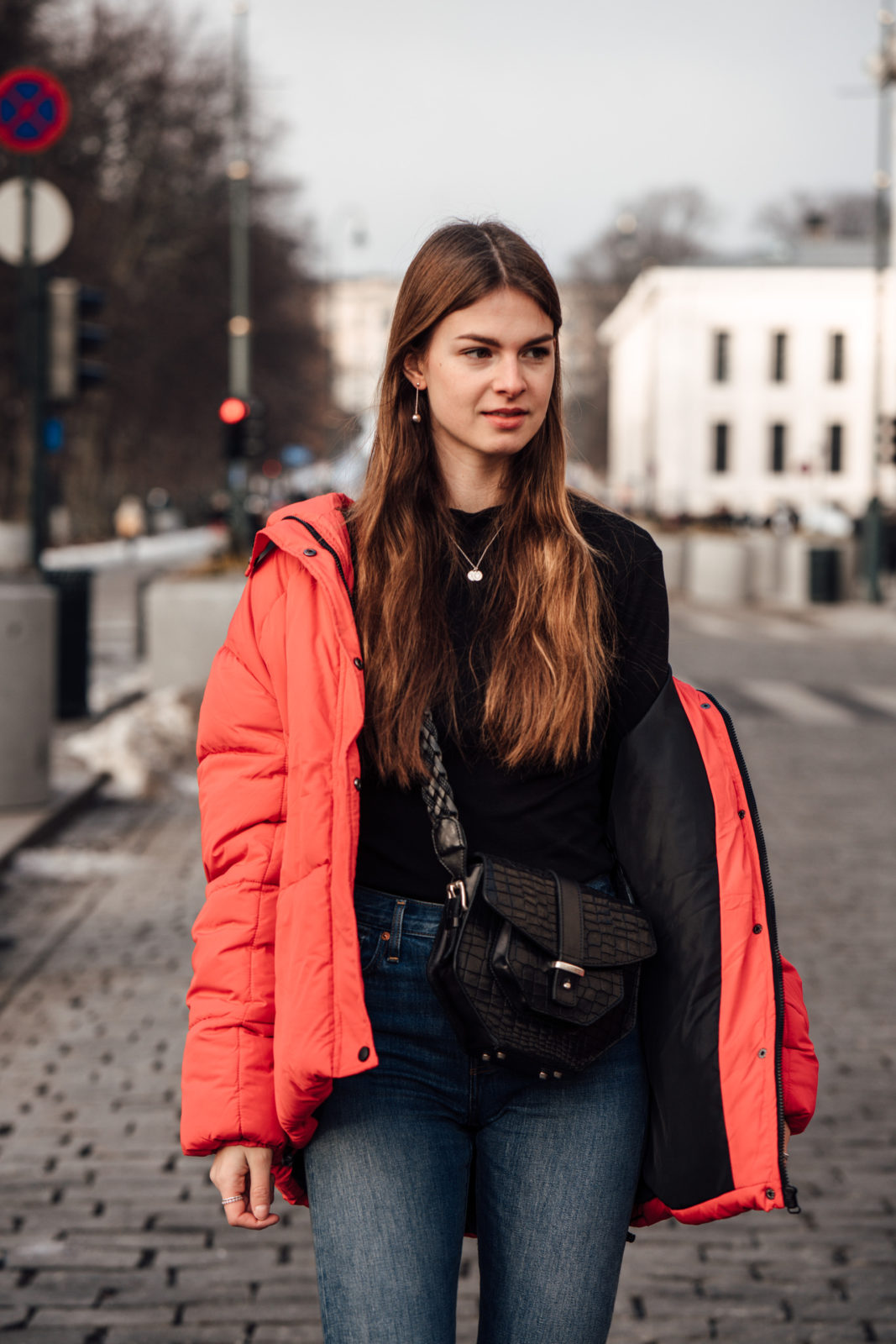 Oslo Runway Outfit: A casual chic way to wear a red puffer jacket