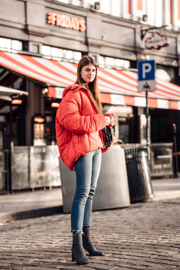 Oslo Runway Outfit: A casual chic way to wear a red puffer jacket