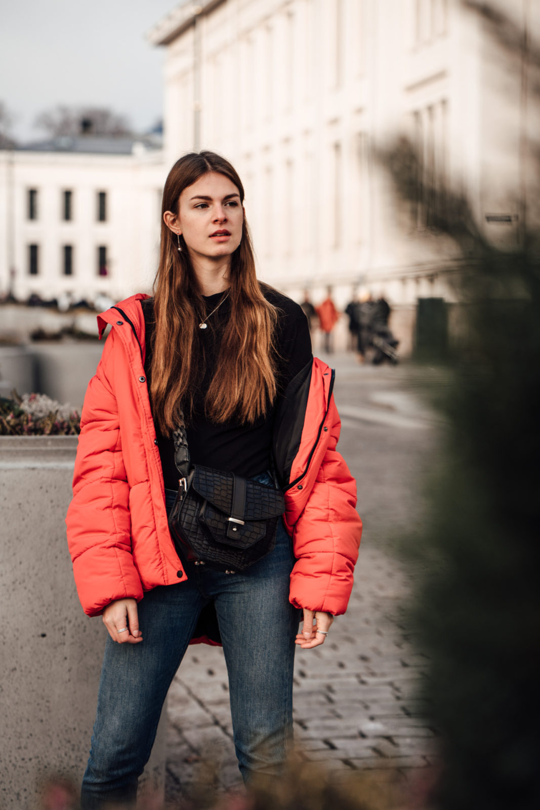 Oslo Runway Outfit: A casual chic way to wear a red puffer jacket