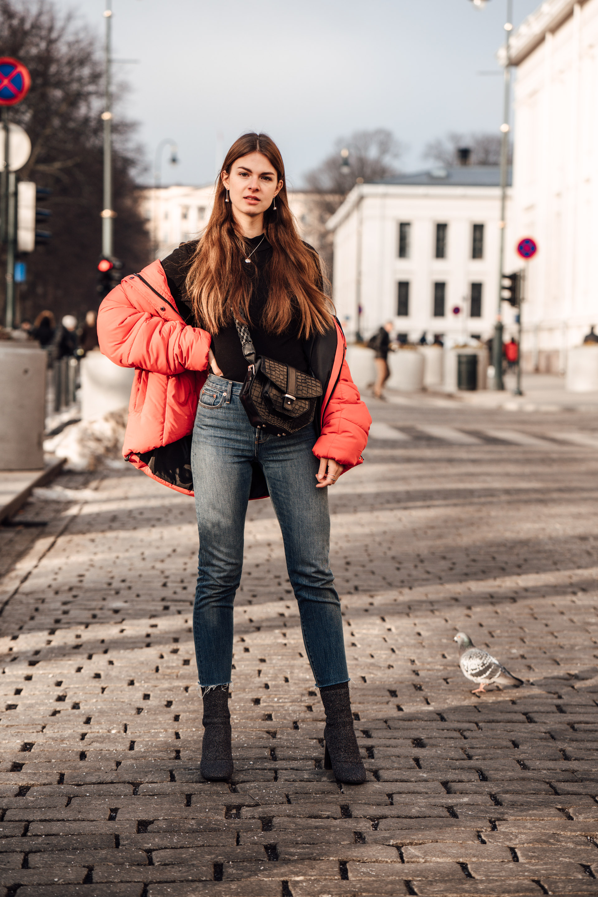 Oslo Runway Outfit: A casual chic way to wear a red puffer jacket