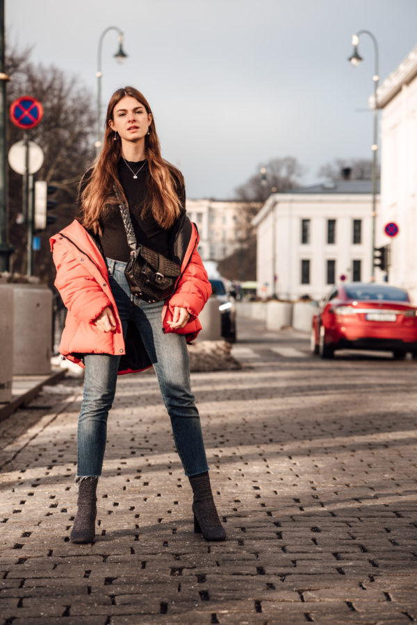 Oslo Runway Outfit: A casual chic way to wear a red puffer jacket