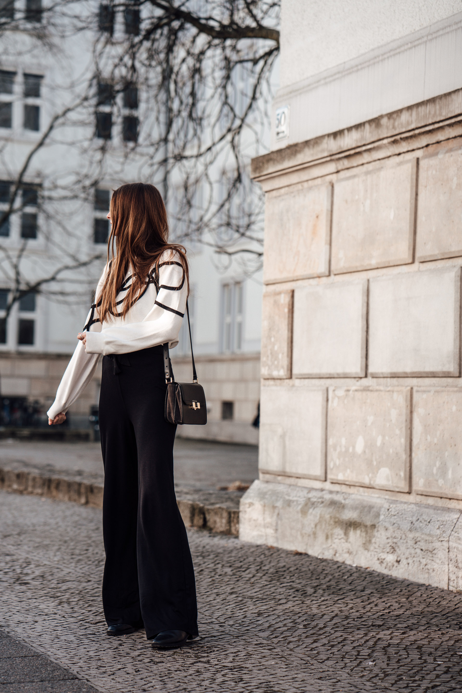 Spring Outfit: combining wide leg pants and white sweater ...