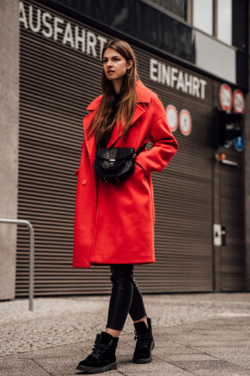 How to wear a red coat, red and black outfit