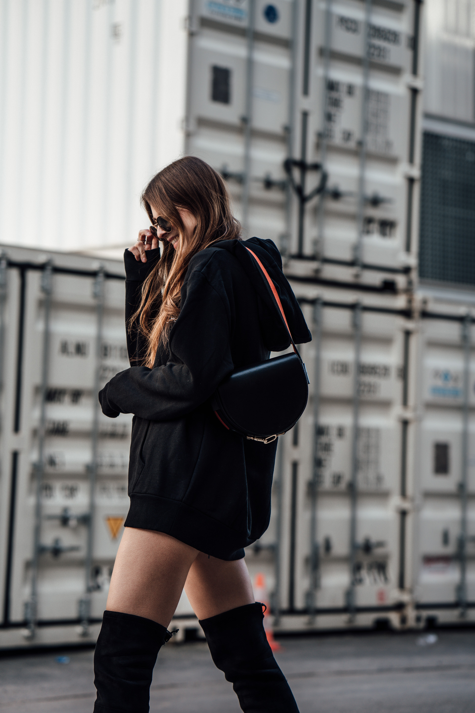 thigh high boots with oversized hoodie