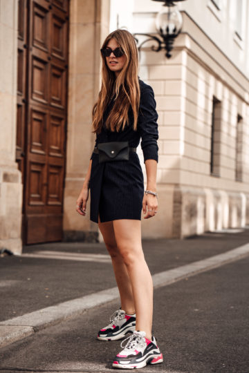 blazer dress and sneakers