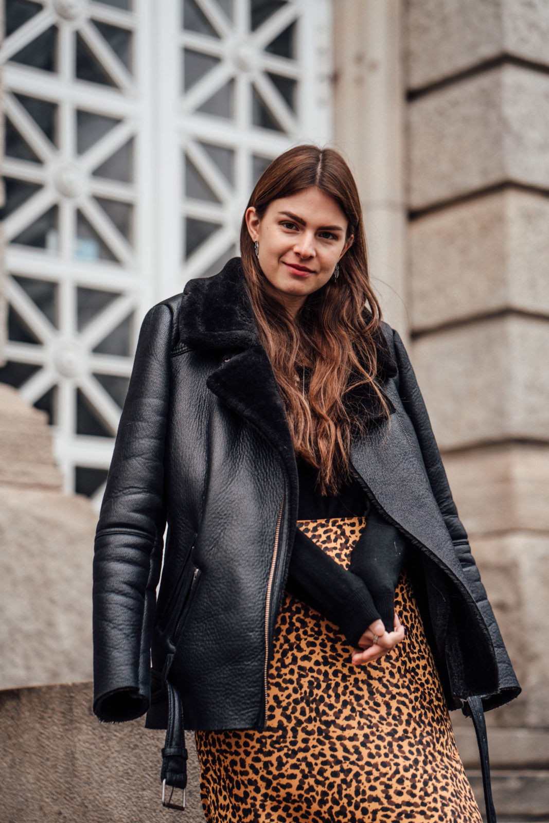 Winter Outfit with Midi Skirt, Shearling Jacket and Leather Boots