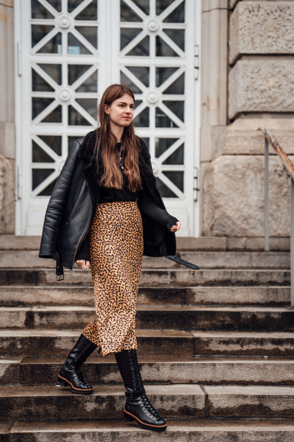 Winter Outfit with Midi Skirt, Shearling Jacket and Leather Boots