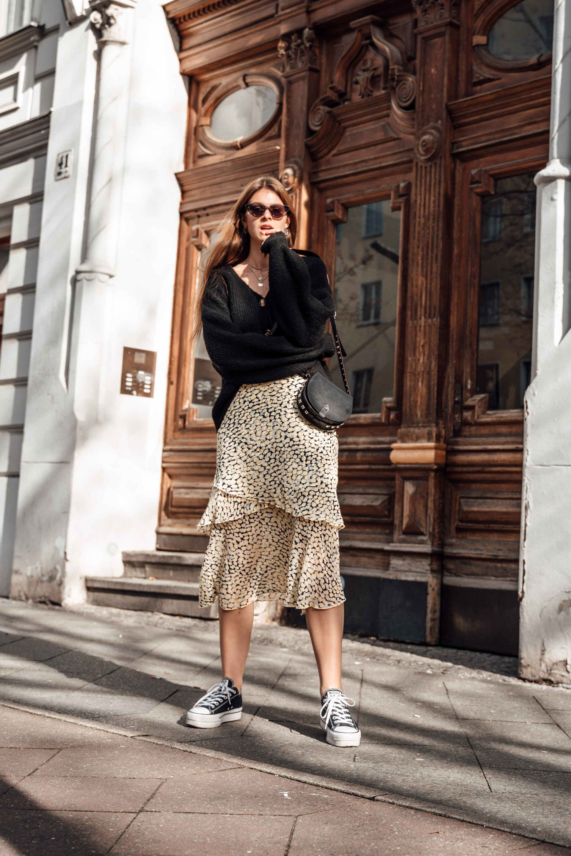 sneakers with midi skirt